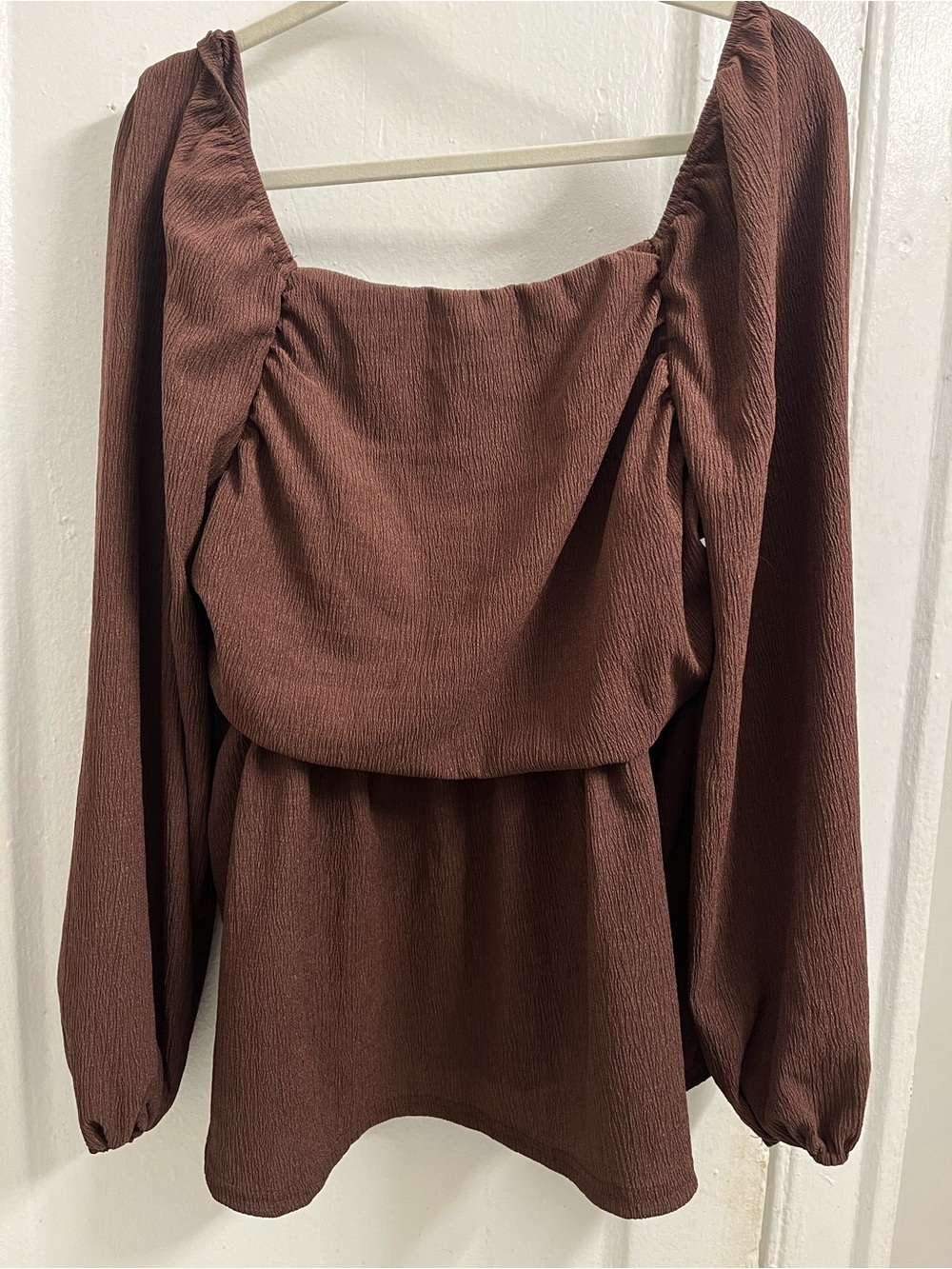 Smocked Square-Neck Long Sleeve Blouse in Chocolate Brown
